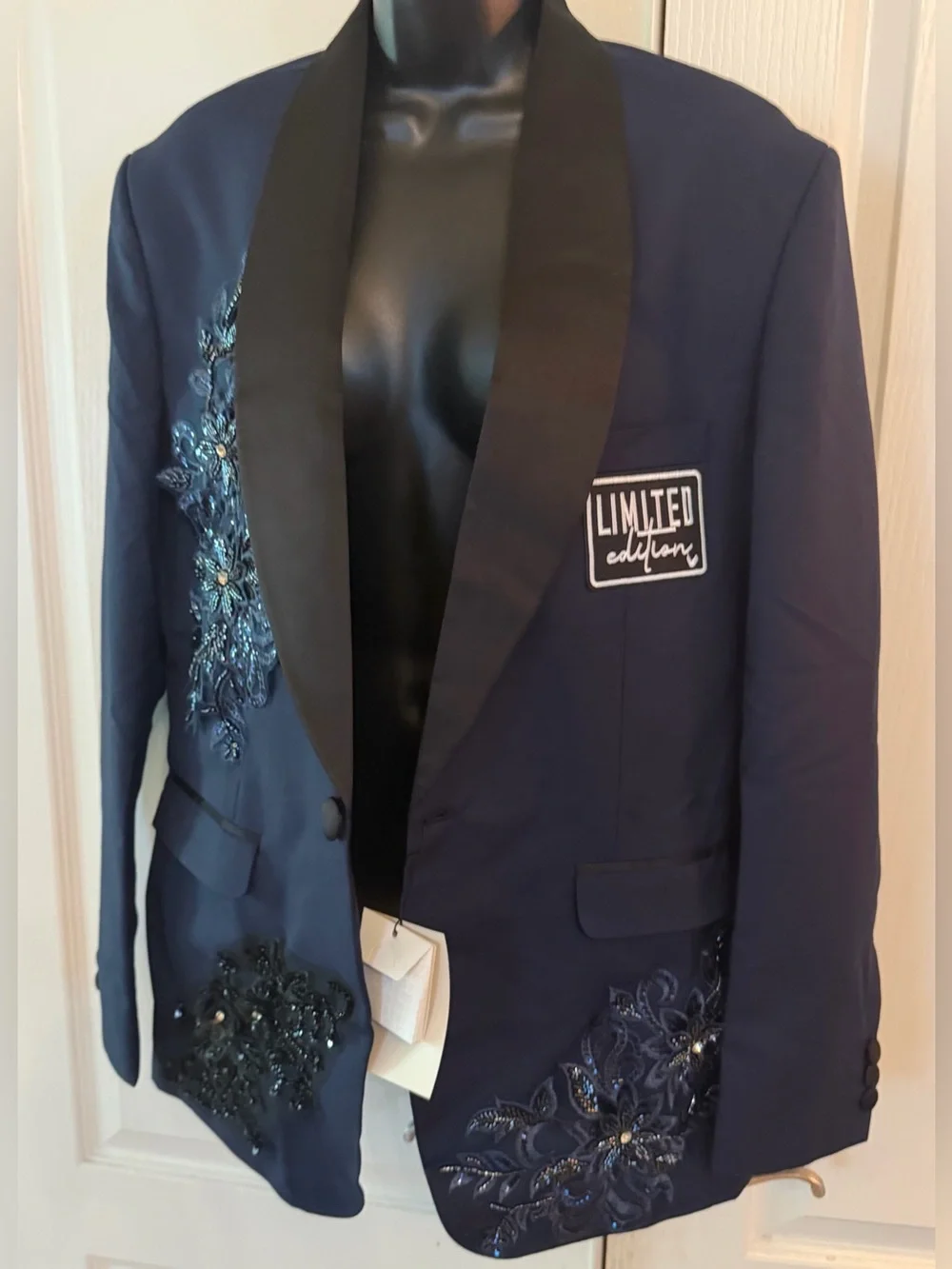 Upcycled unisex Navy Satin-Lapel Embroidered Blazer size 42 r or size M